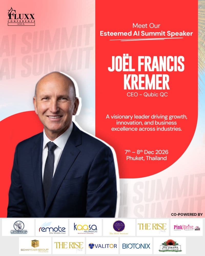 Official event poster for the AI Summit by Fluxx Conference Asia, featuring Joel F. Kremer